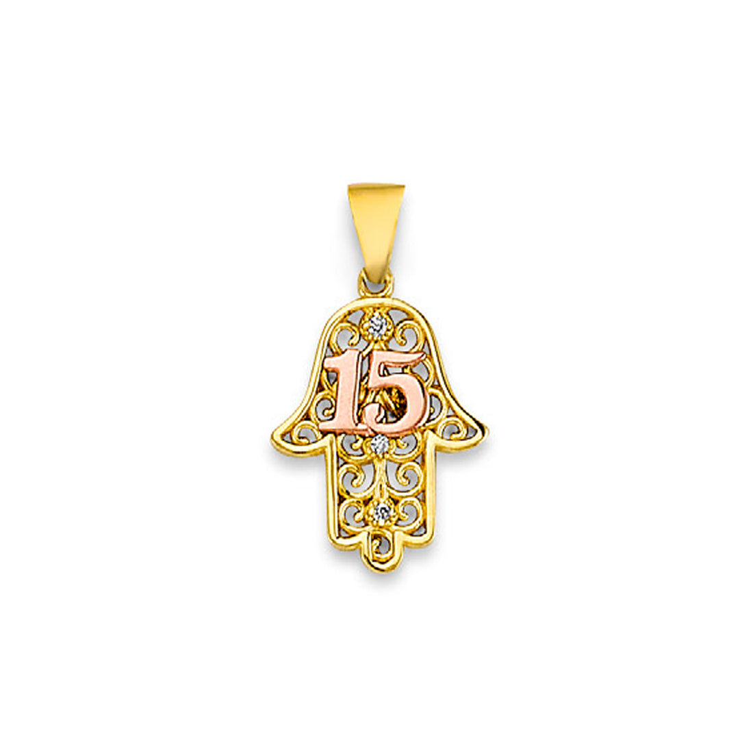 Two Tone Gold CZ Studded Filigree Hamsa Palm 15th Birthday Pendant