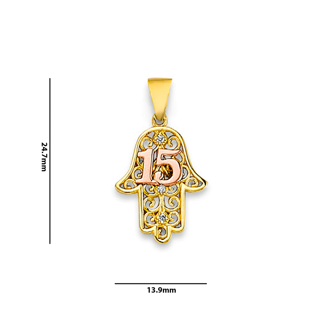 Two Tone Gold CZ Studded Filigree Hamsa Palm 15th Birthday Pendant with Measurement