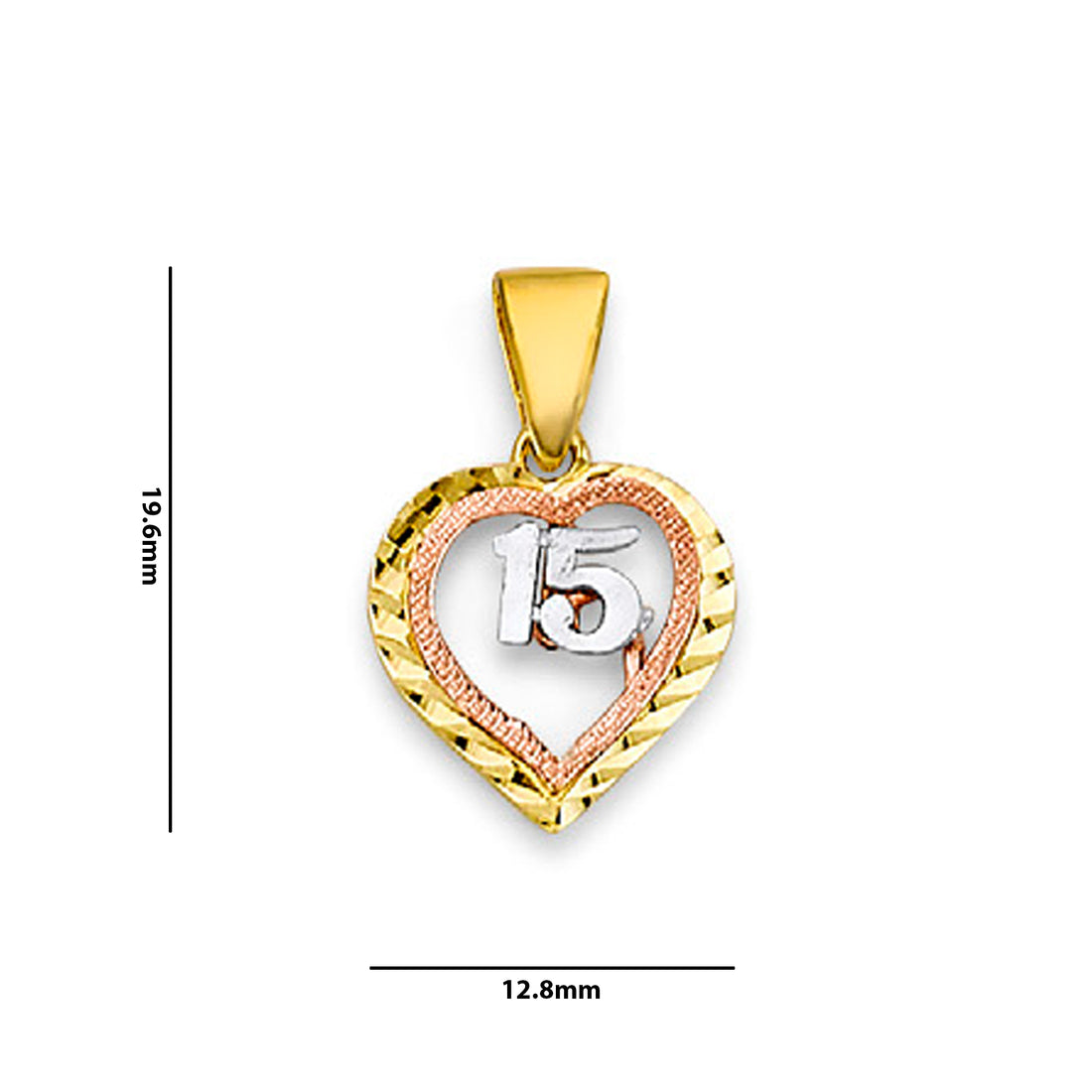 Tri Tone Gold 15th Birthday Open Heart Shape Pendant with Measurement