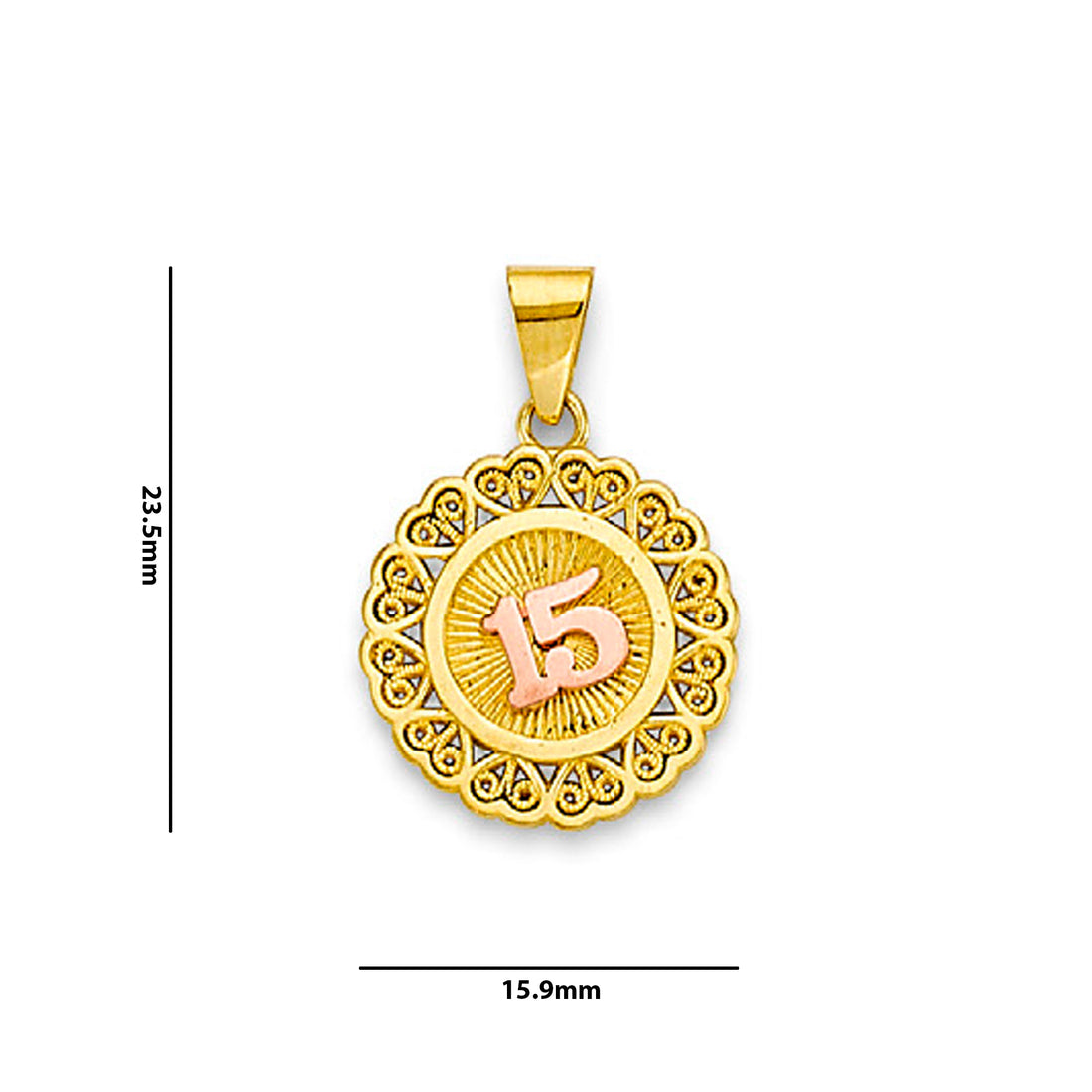 Two Tone Gold Heart Halo Circle 15th Birthday Pendant with Measurement