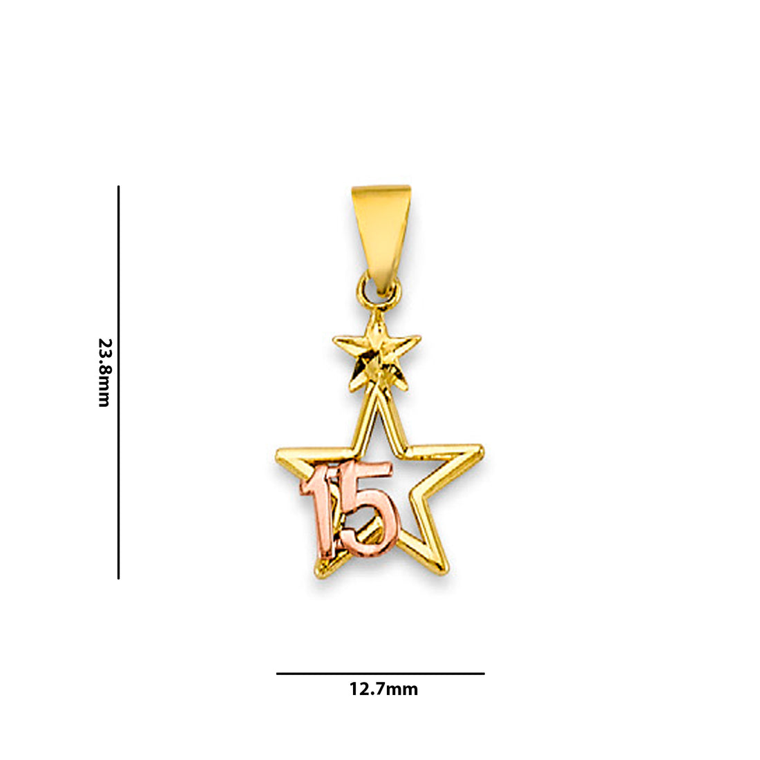 Two Tone Gold 15th Birthday Open Star Pendant  with Measurement