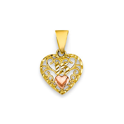Two Tone Gold Delicate Sweet 15 Heart Shape Filigree Pendant
