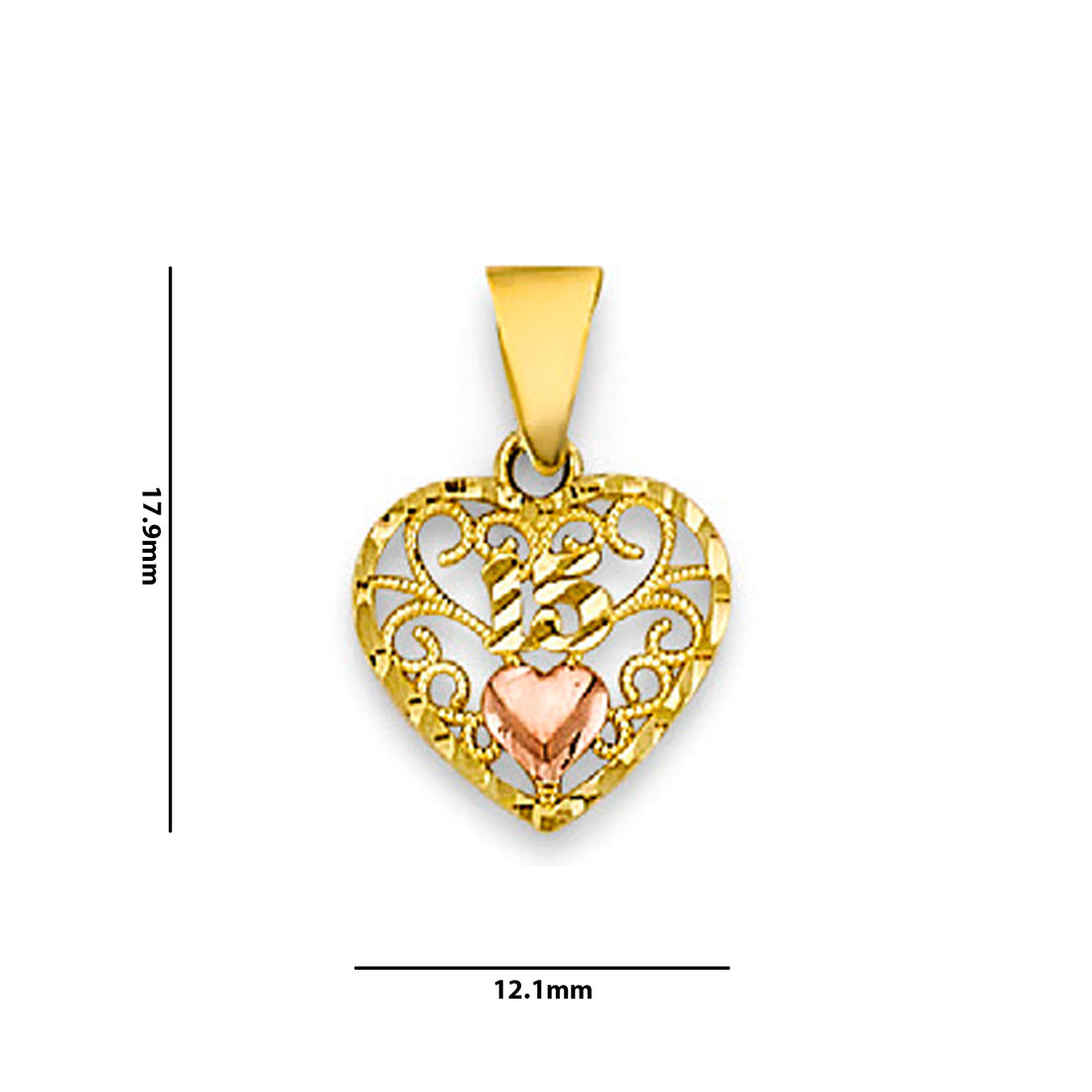 Two Tone Gold Delicate Sweet 15 Heart Shape Filigree Pendant with Measurement