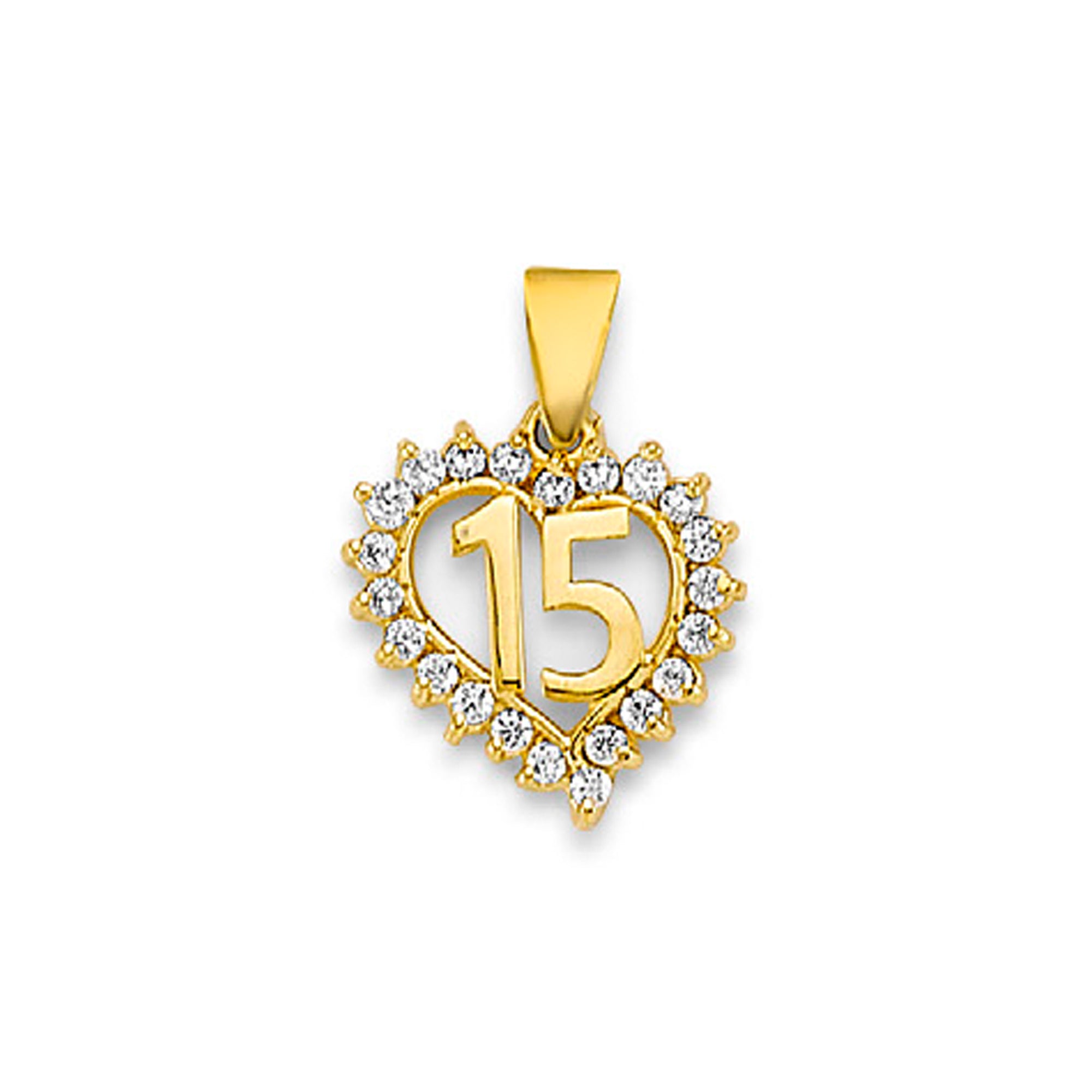Yellow Gold Round CZ Tilted Heart Sweet 15th Birthday Pendant