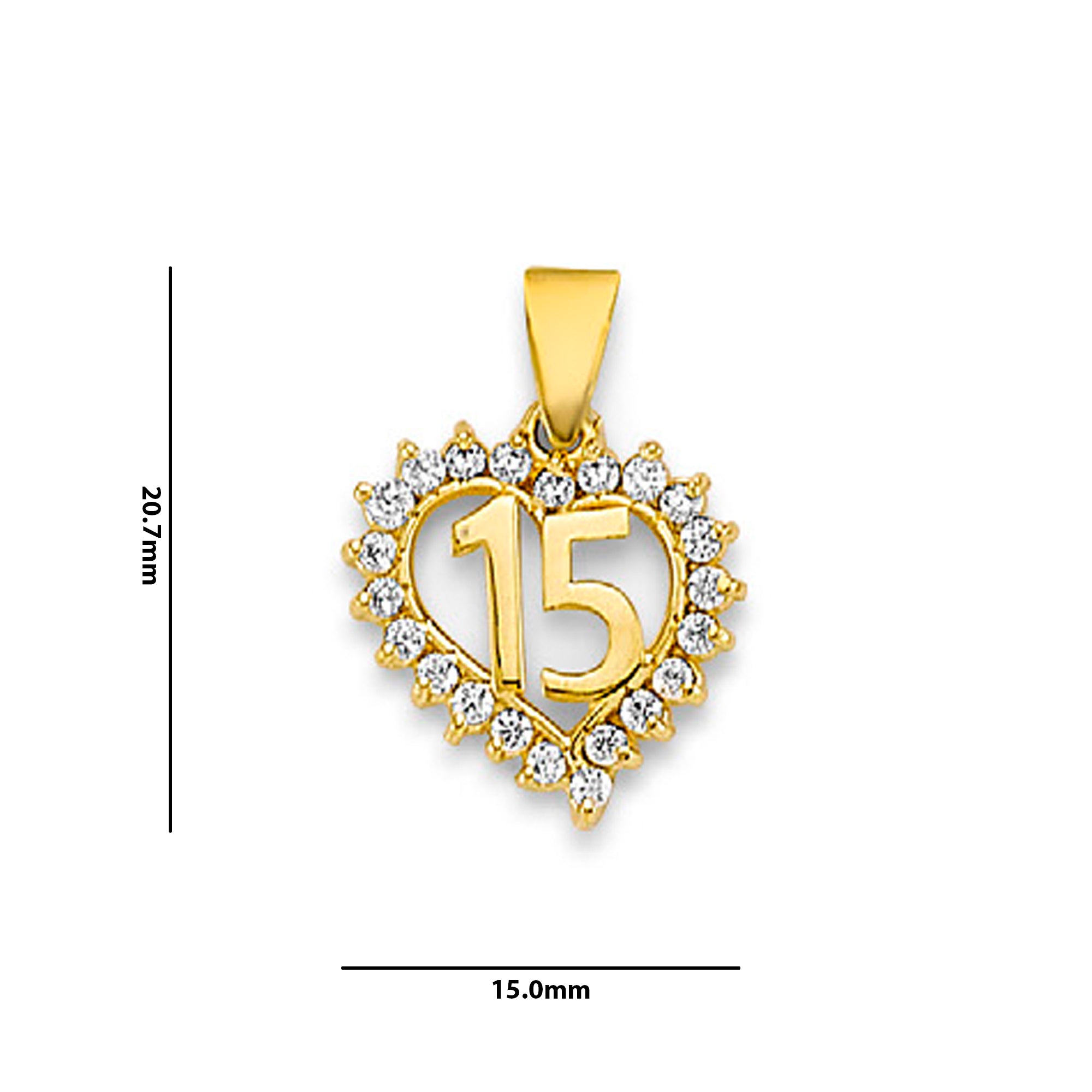 Yellow Gold Round CZ Tilted Heart Sweet 15th Birthday Pendant with Measurement