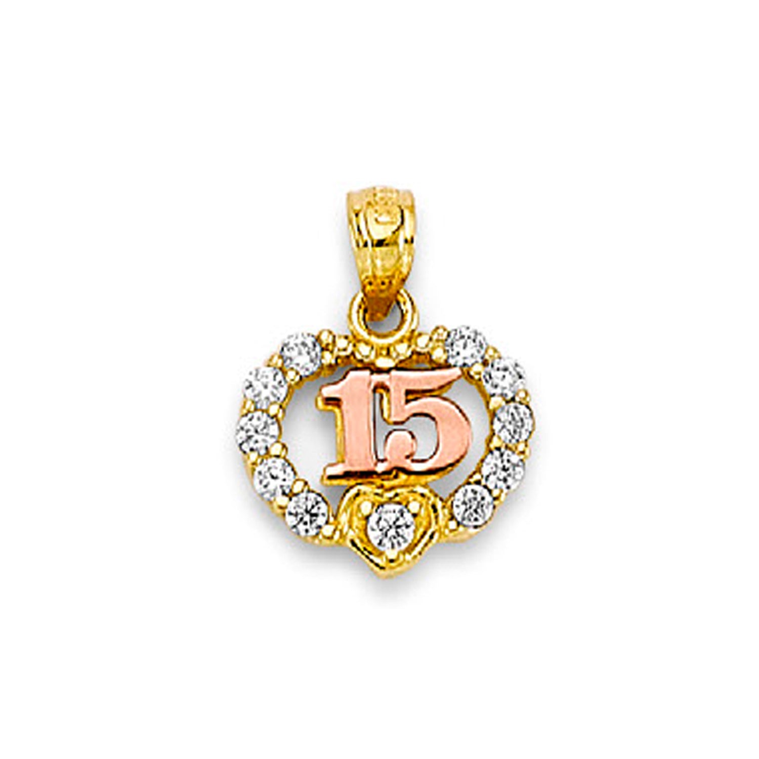 Two Tone Gold Round CZ Sweet 15th Birthday Heart Accent Pendant