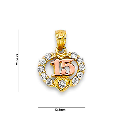 Two Tone Gold Round CZ Sweet 15th Birthday Heart Accent Pendant with Measurement