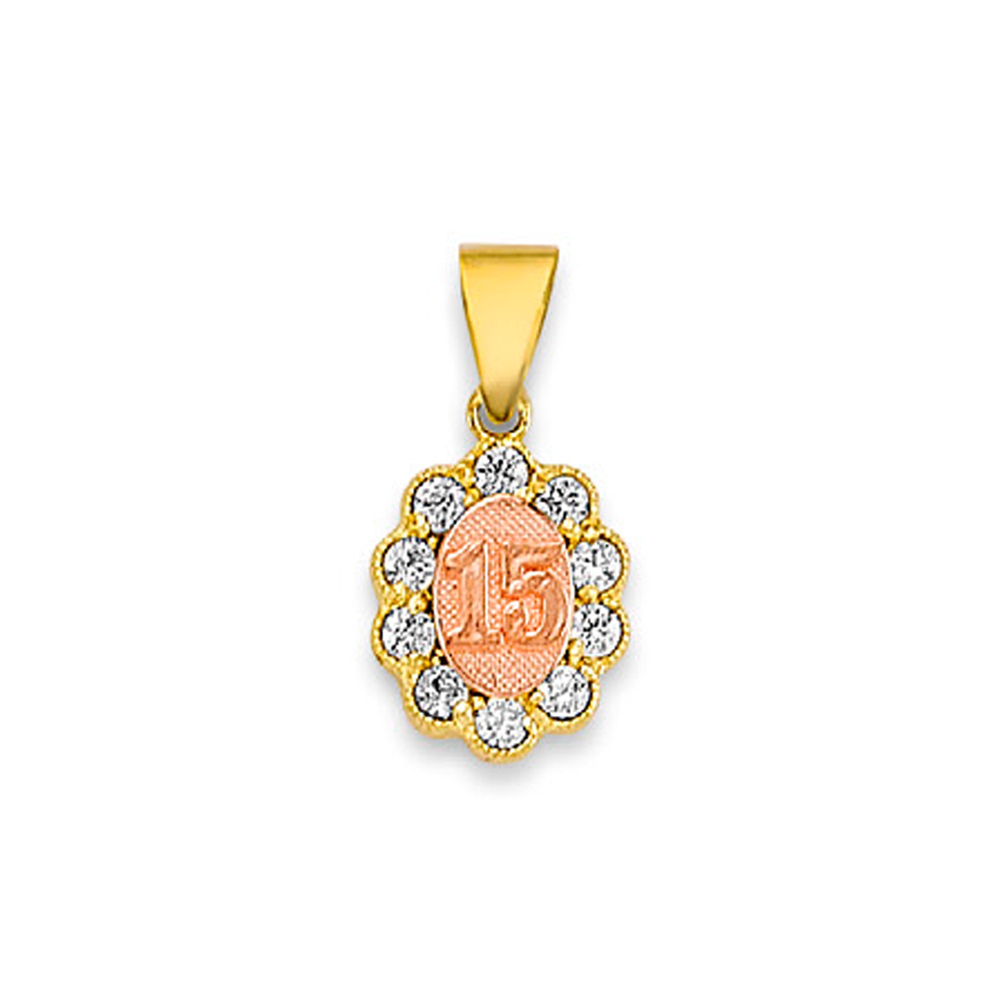 Two Tone Gold Oval Round CZ Halo 15th Birthday Pendant 