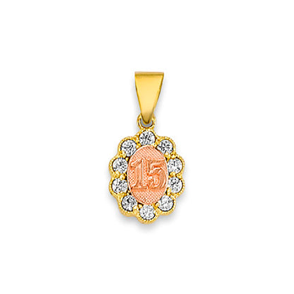 Two Tone Gold Oval Round CZ Halo 15th Birthday Pendant 