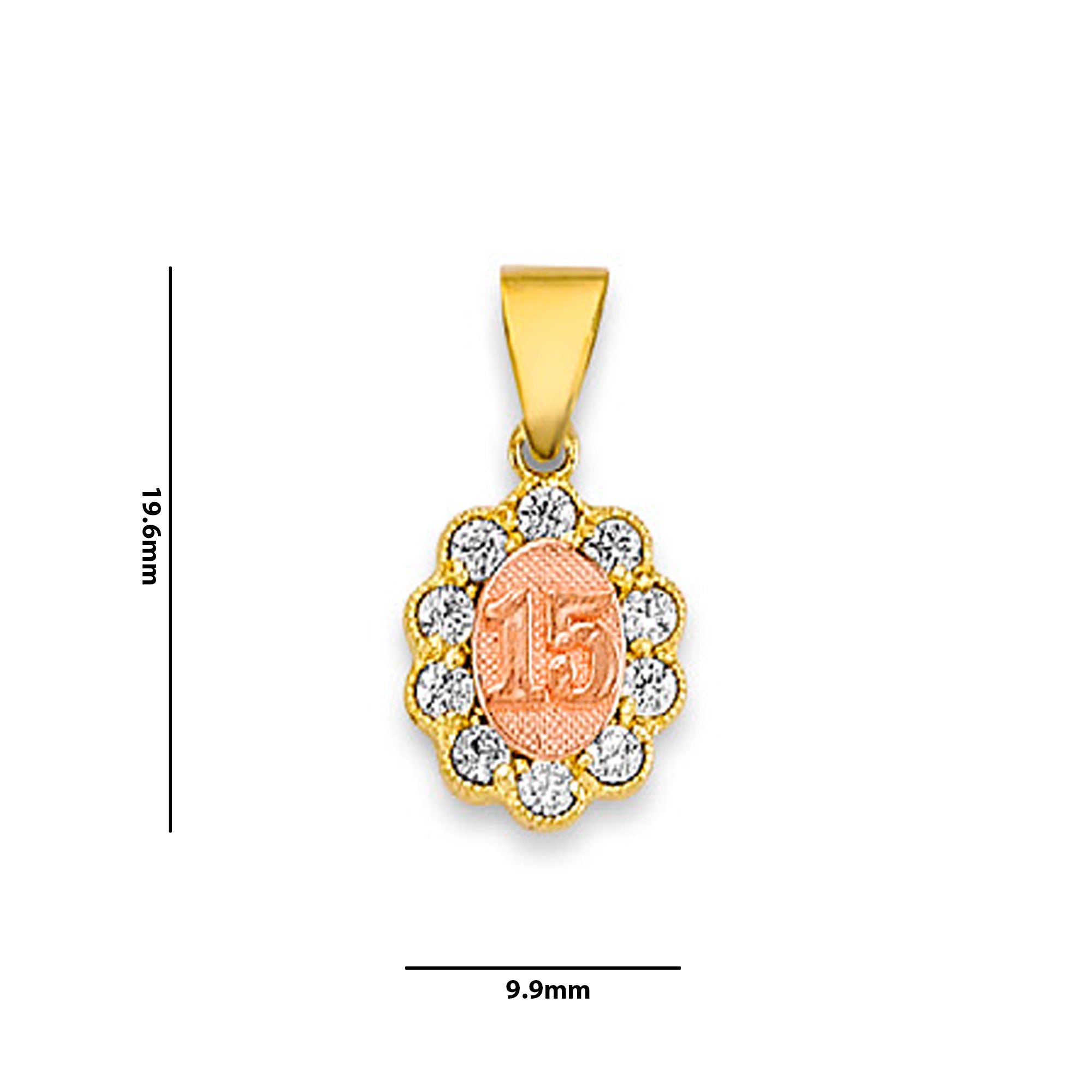 Two Tone Gold Oval Round CZ Halo 15th Birthday Pendant  with Measurement