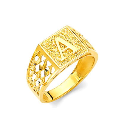 Yellow Gold Diamond Cut Sides Initial Textured Signet Ring