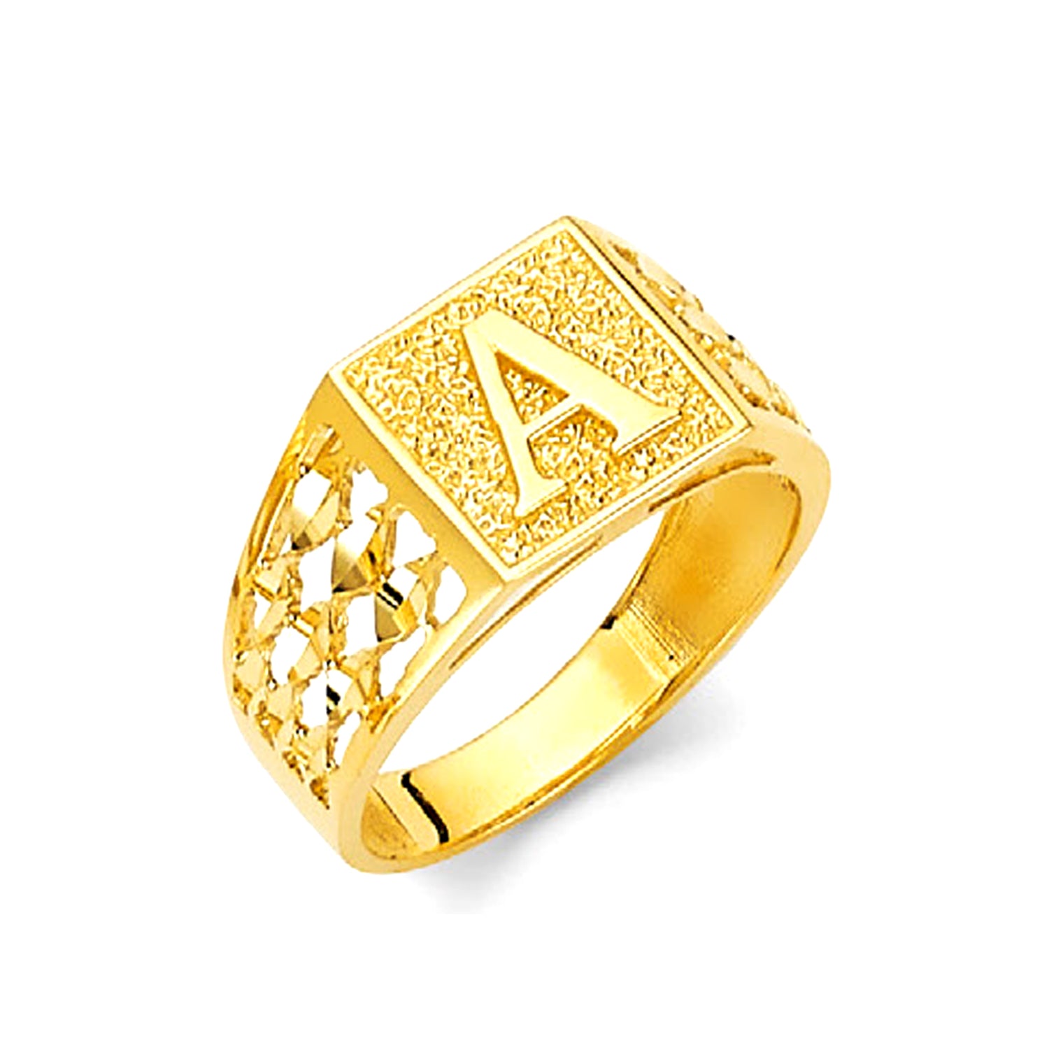 Yellow Gold Diamond Cut Sides Initial Textured Signet Ring