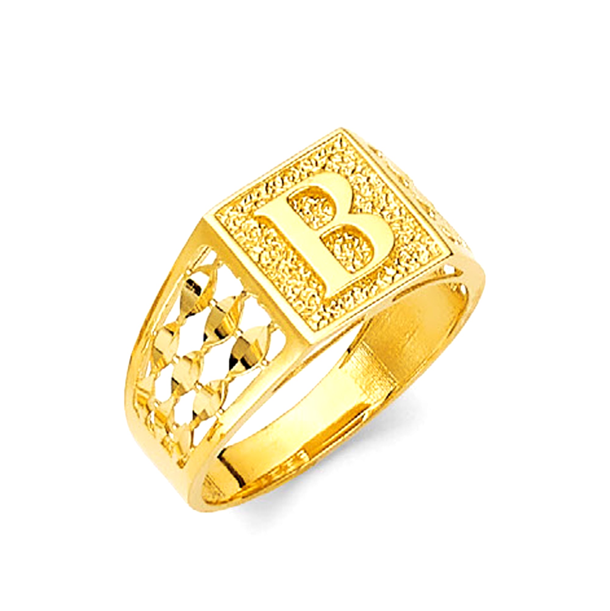 Yellow Gold Diamond Cut Sides Initial Textured Signet Ring