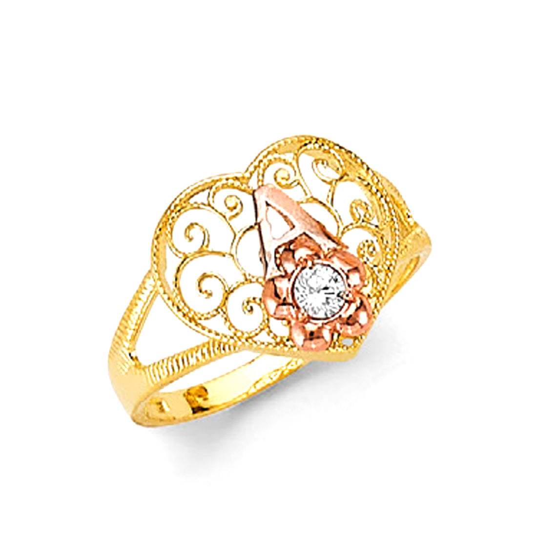 Two Tone Gold Milgrain Filigree Heart CZ Flower &amp; Initial Split Band Ring