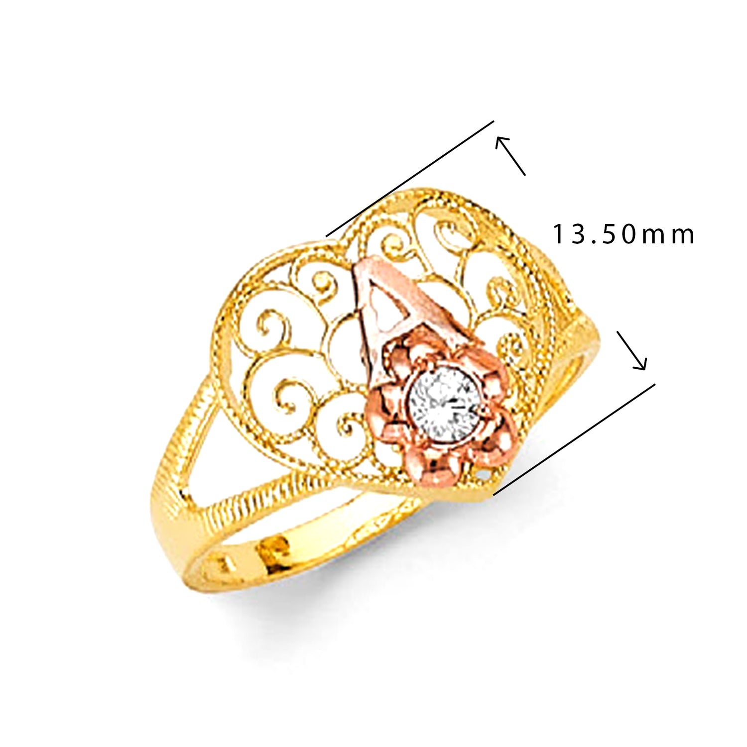 Two Tone Gold Milgrain Filigree Heart CZ Flower &amp; Initial Split Band Ring