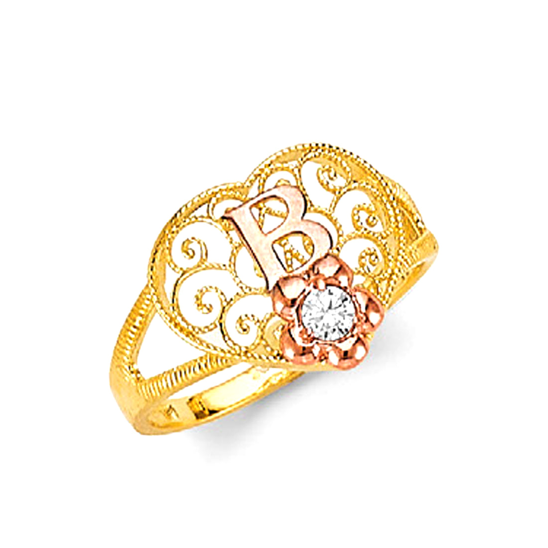 Two Tone Gold Milgrain Filigree Heart CZ Flower &amp; Initial Split Band Ring