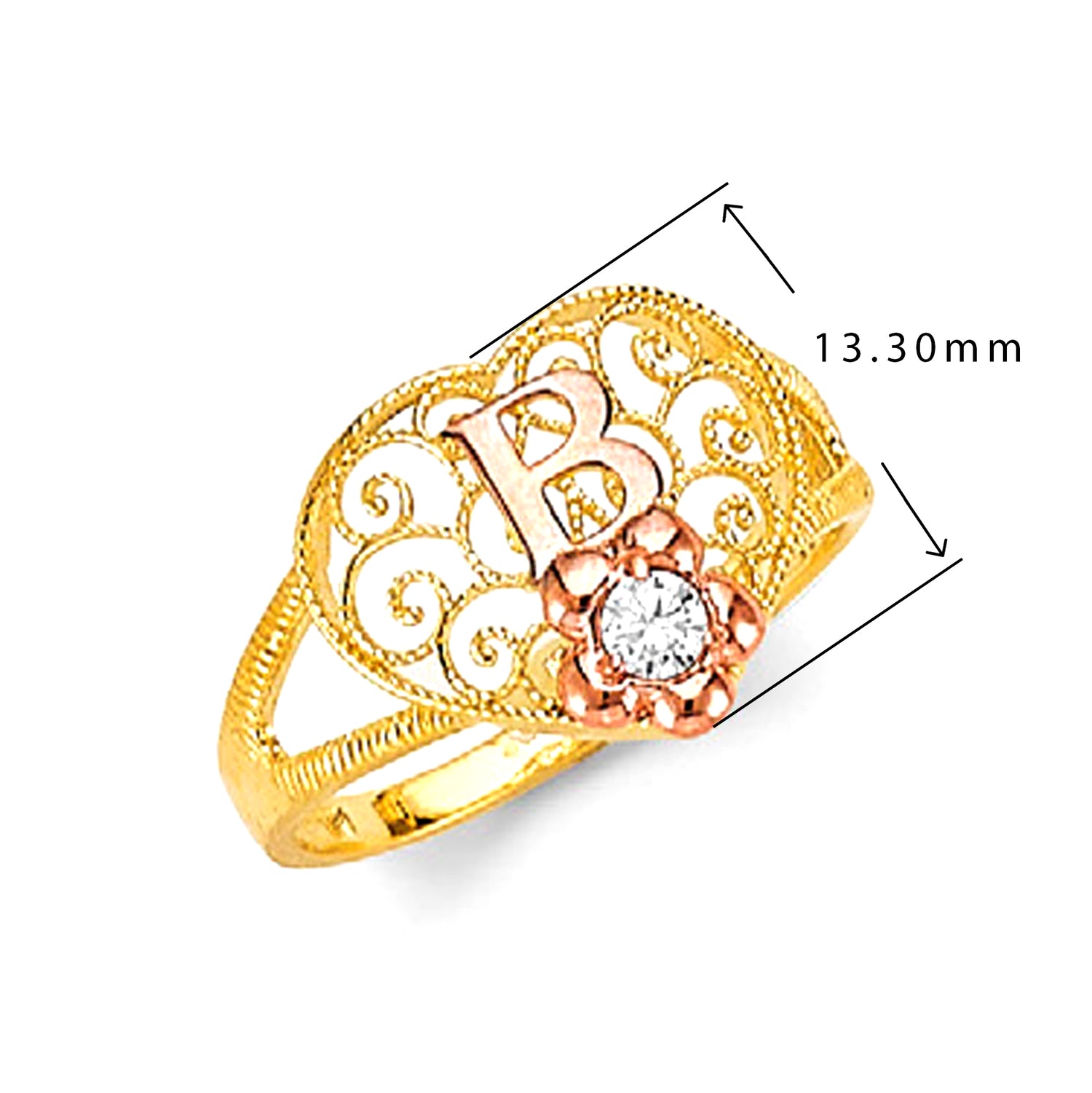 Two Tone Gold Milgrain Filigree Heart CZ Flower &amp; Initial Split Band Ring