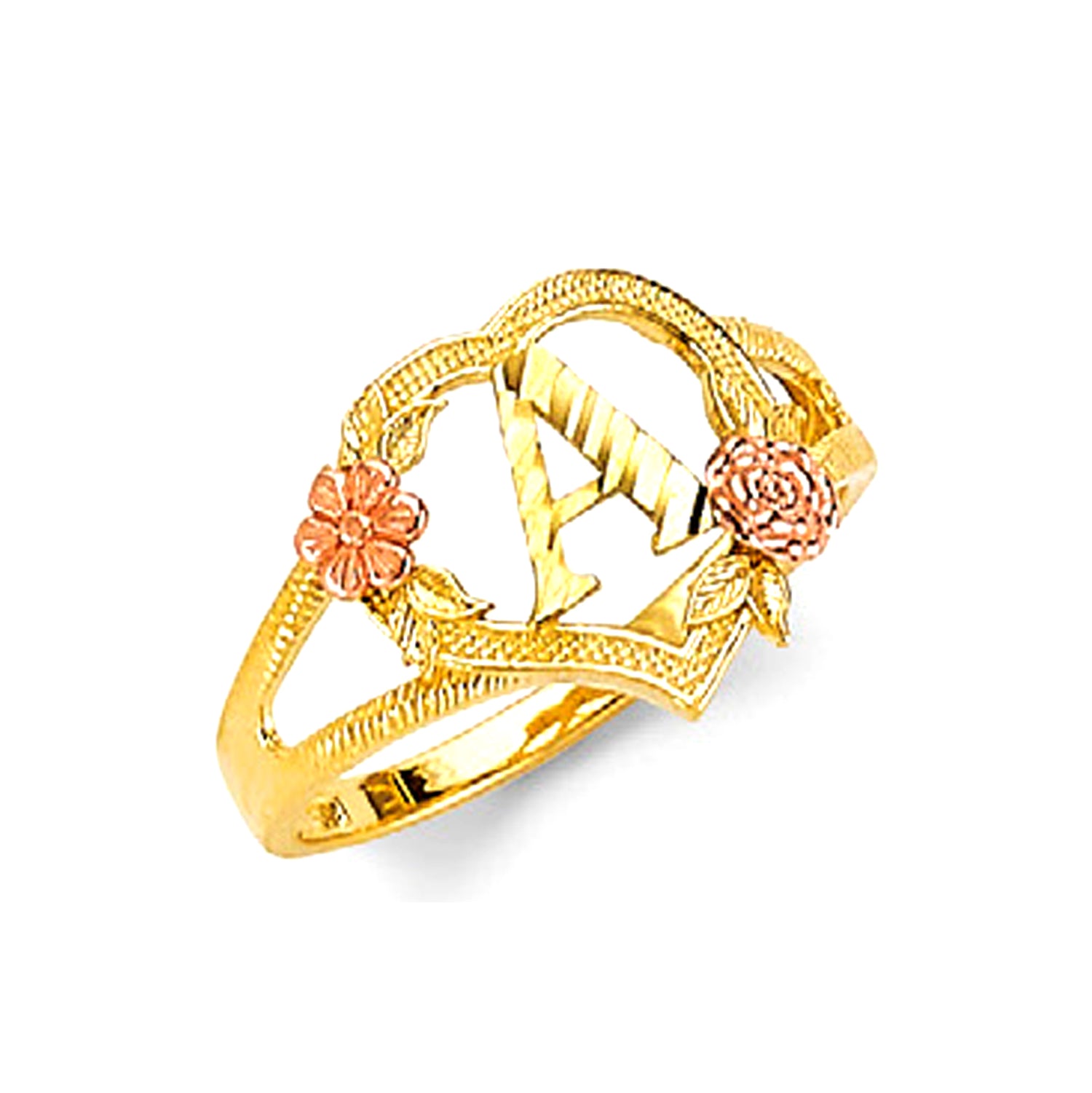Two Tone Gold Heart with Flower Accents &amp; Diamond Cut Initial Split Band Ring