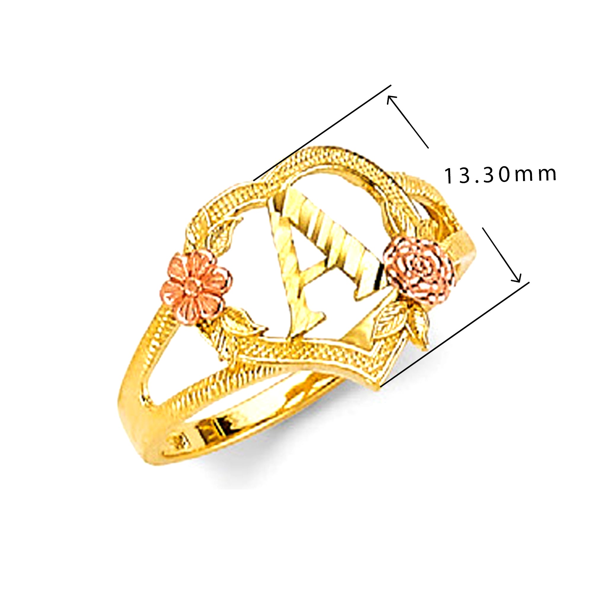 Two Tone Gold Heart with Flower Accents &amp; Diamond Cut Initial Split Band Ring