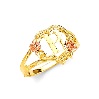 Two Tone Gold Heart with Flower Accents &amp; Diamond Cut Initial Split Band Ring