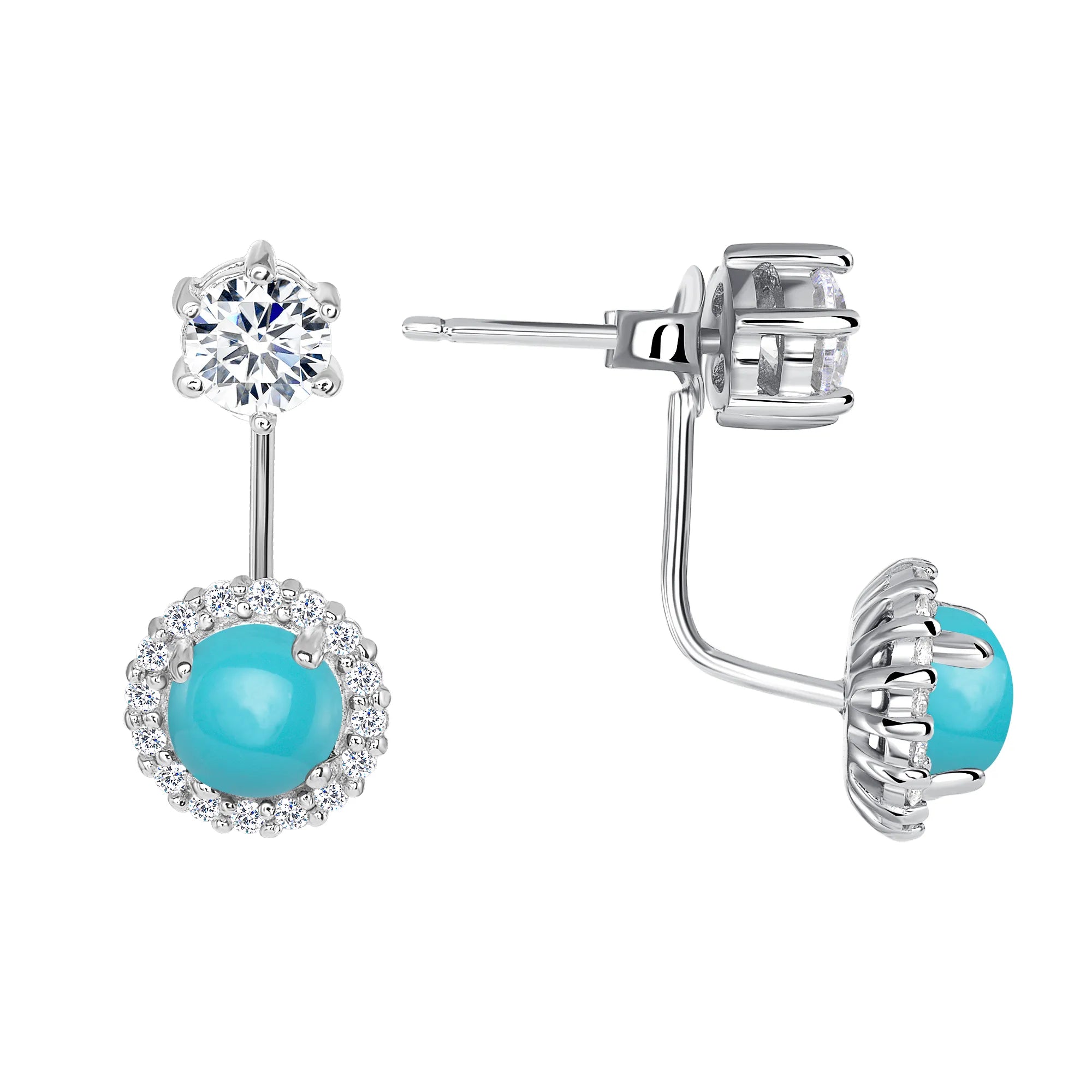 925 Sterling Silver Halo Round Gemstone and CZ Jacket Earrings