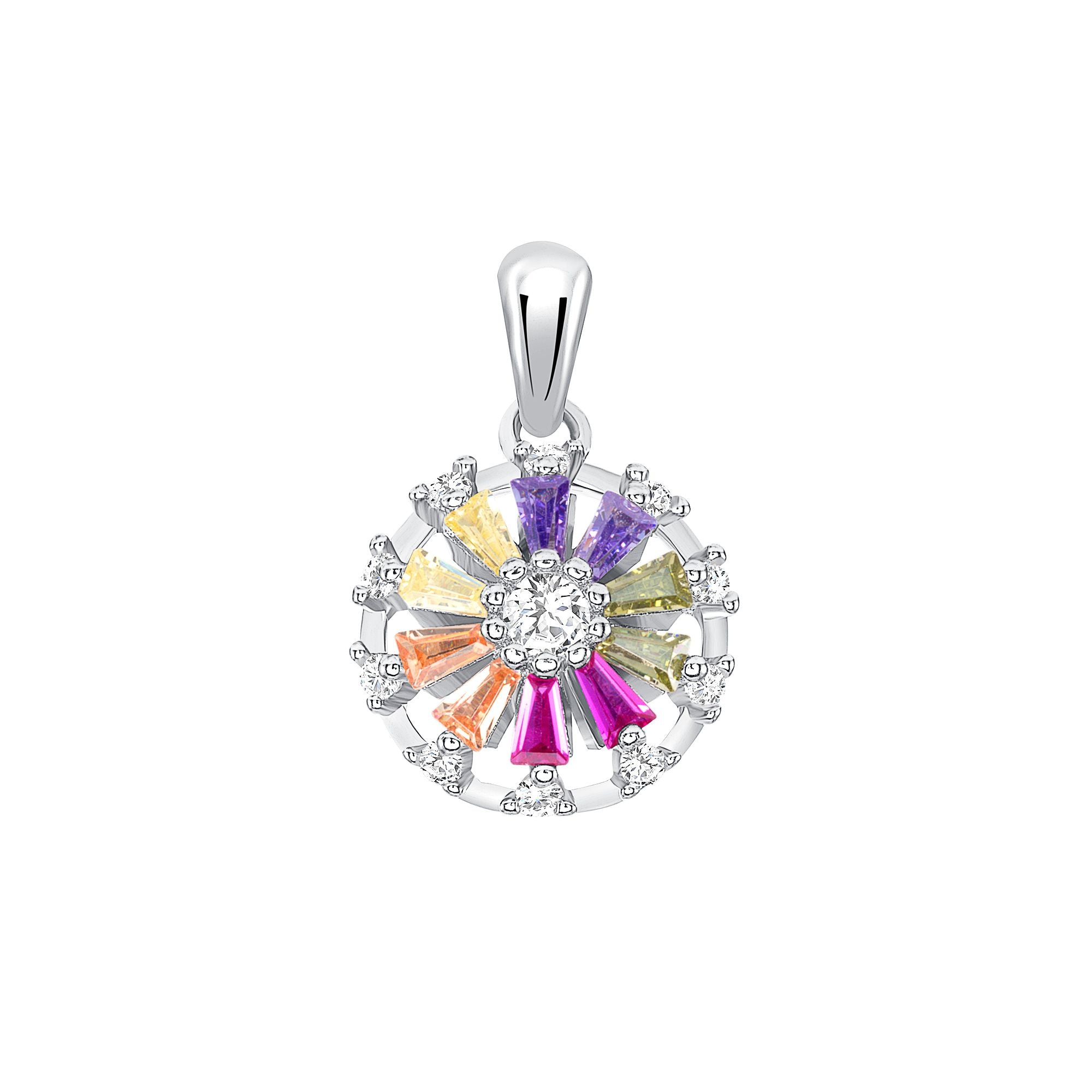 925 Sterling Silver Round Cut CZ &amp; Multicolor Baguette Cut Wheel Pendant &amp; Stud Earrings Jewelry Set