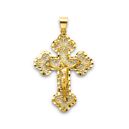 Yellow Gold Cutout Filigree Diamond Cut Bordered Trefoil Crucifix Cross Pendant