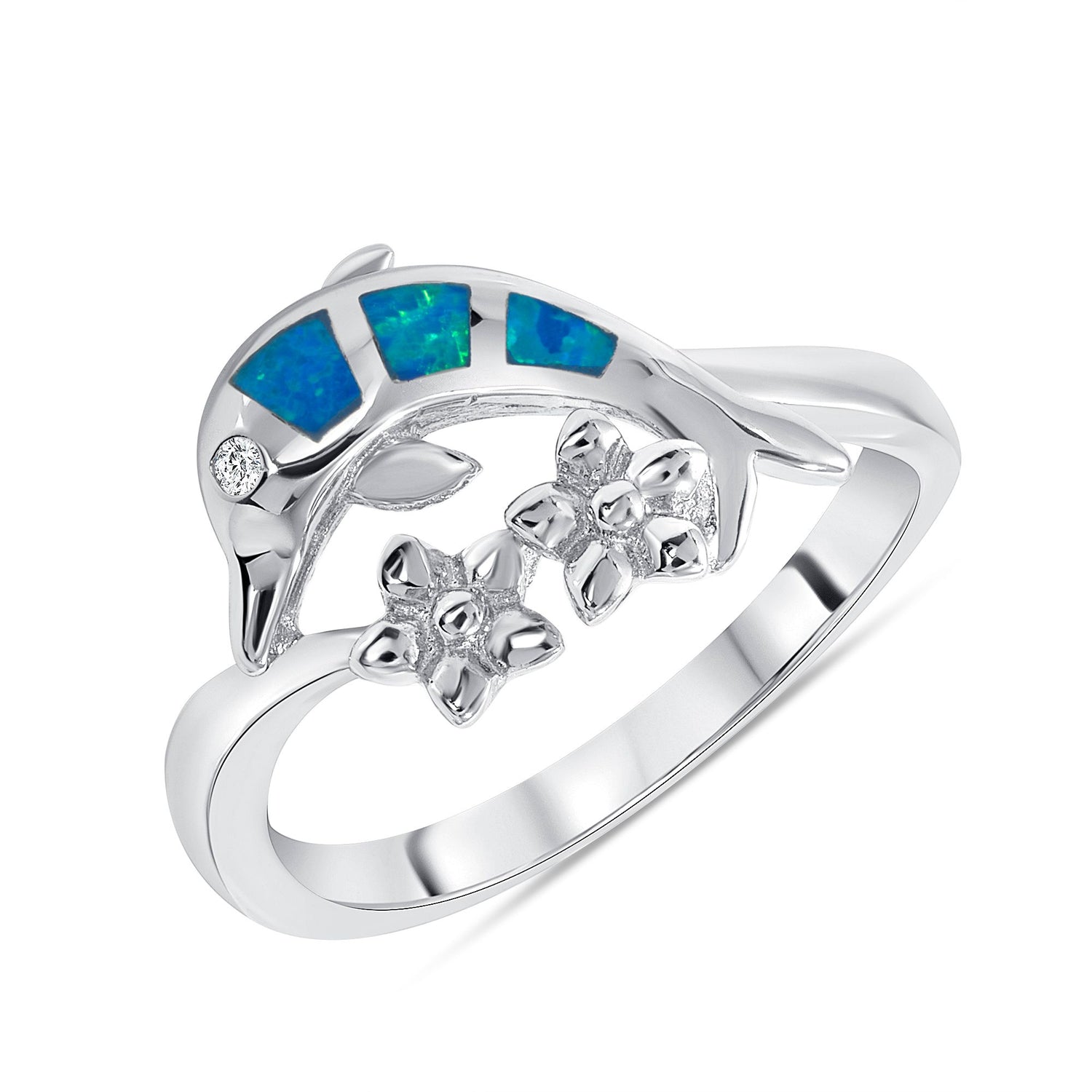 925 Sterling Silver Blue Opal CZ Dolphin Flower Fashion Ring