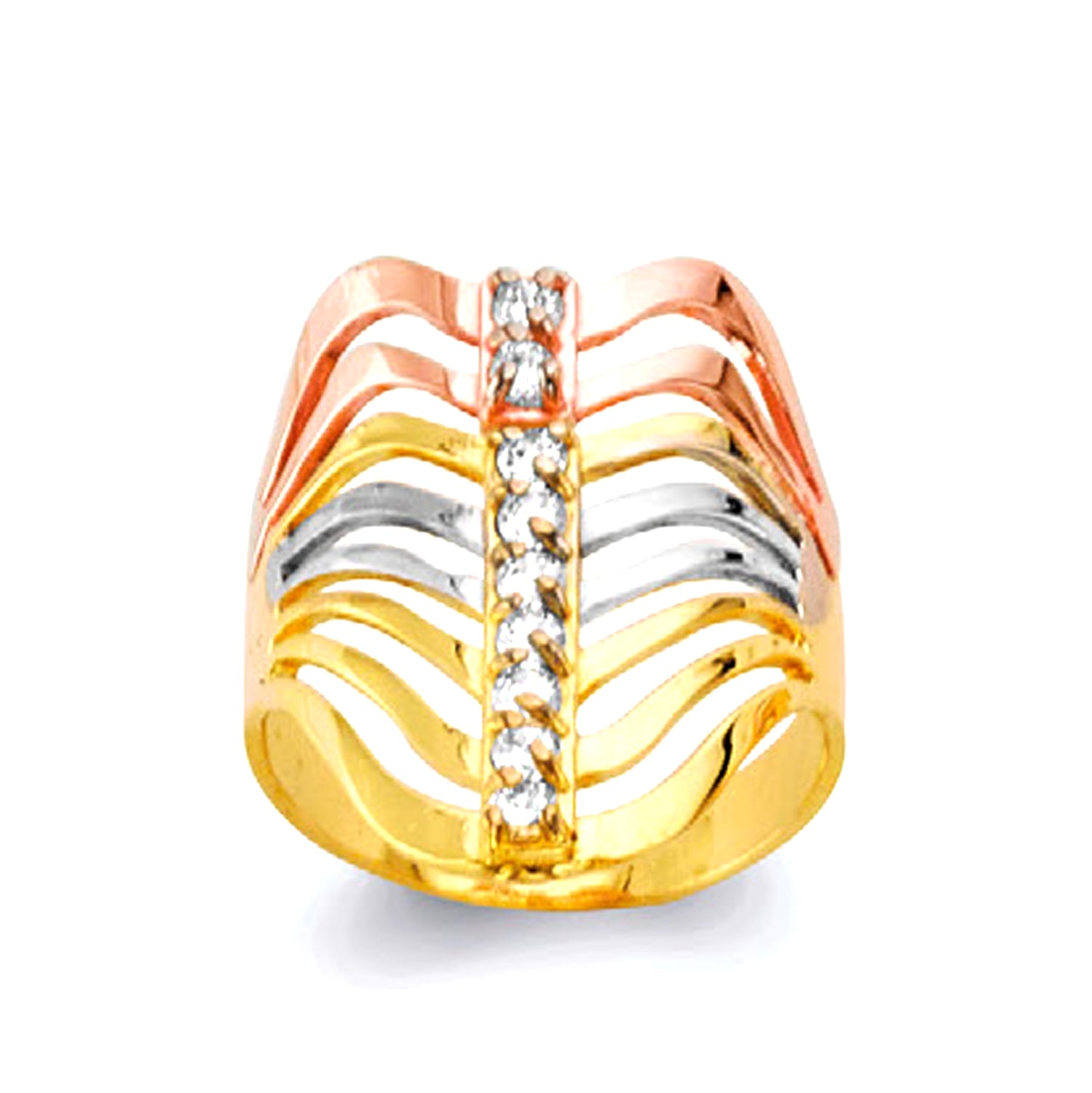 CZ Abstract Tricolor Wave Ring in Solid Gold