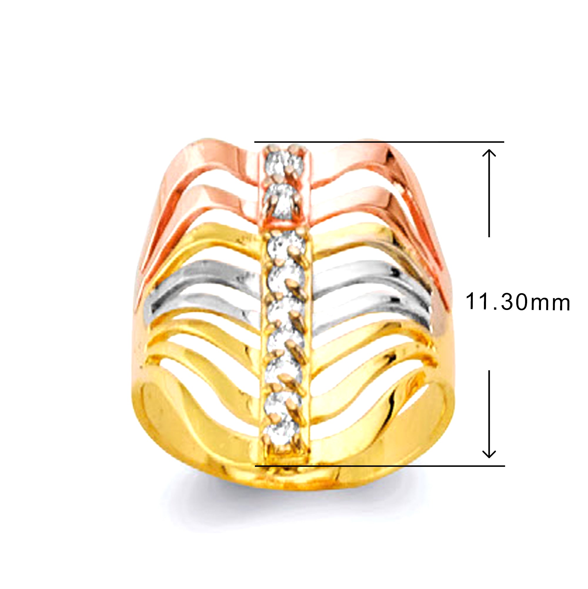 CZ Abstract Tricolor Wave Ring in Solid Gold with Measurement