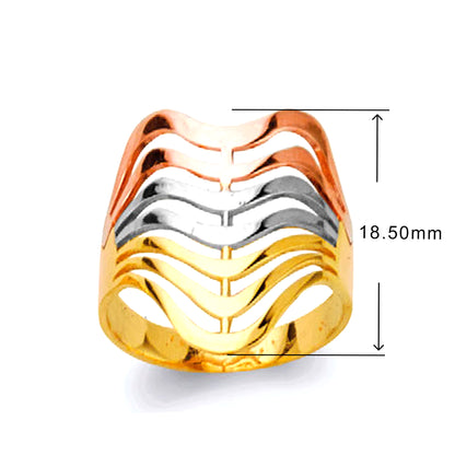 Stylish Tri-tone Wave Ring in Solid Gold with Measurement