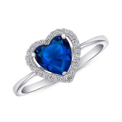 925 Sterling Silver Solitaire Halo Heart Cut Blue CZ Solitaire Ring