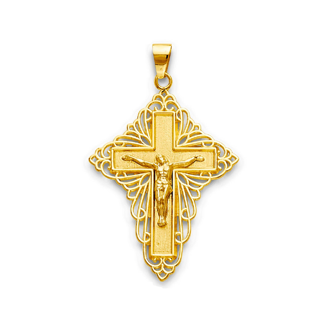 Yellow Gold Filigree Bordered Crucifix Cross Pendant