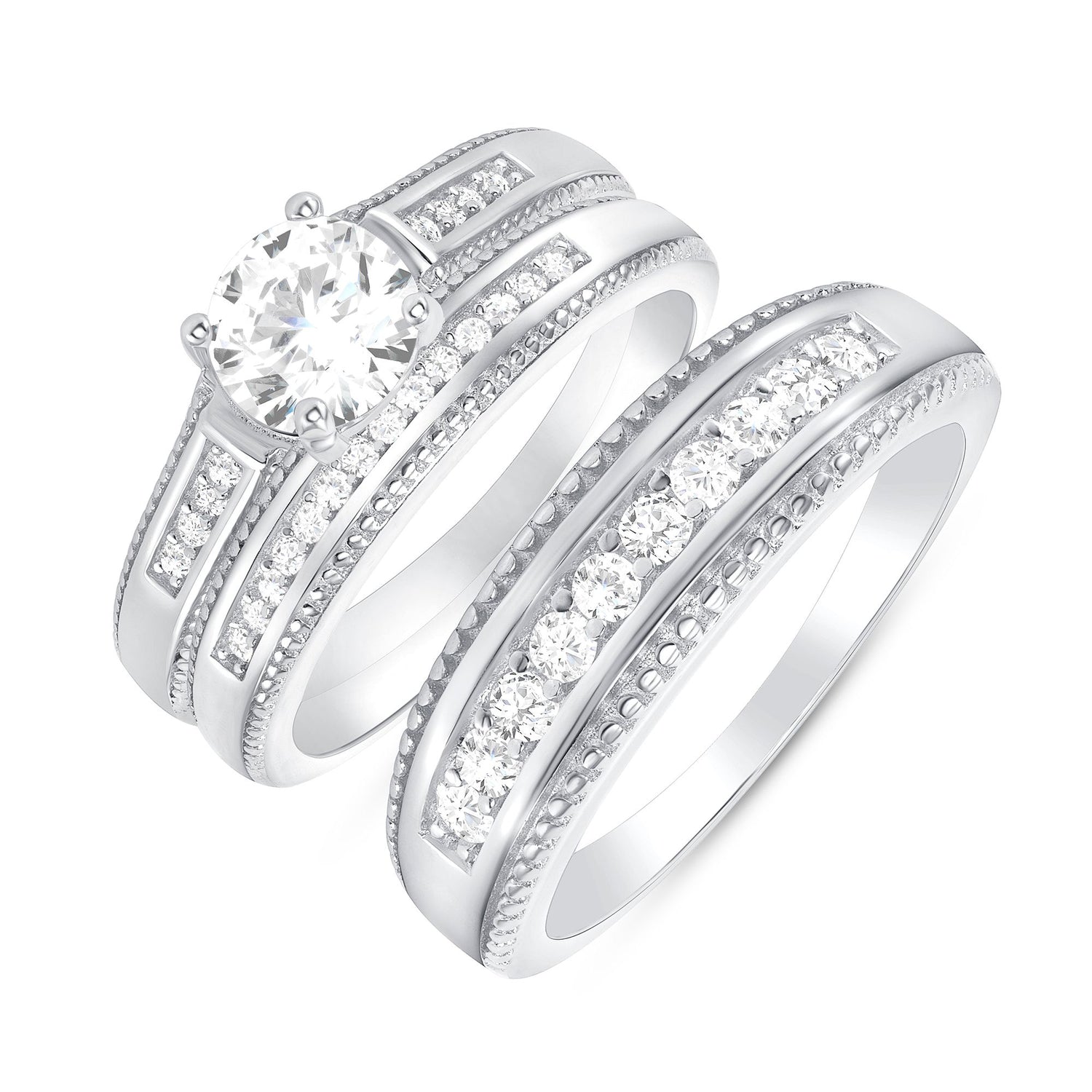 925 Sterling Silver Round CZ with Channel Bead Setting &amp; Milgrain His &amp; Hers Trio Wedding Set
