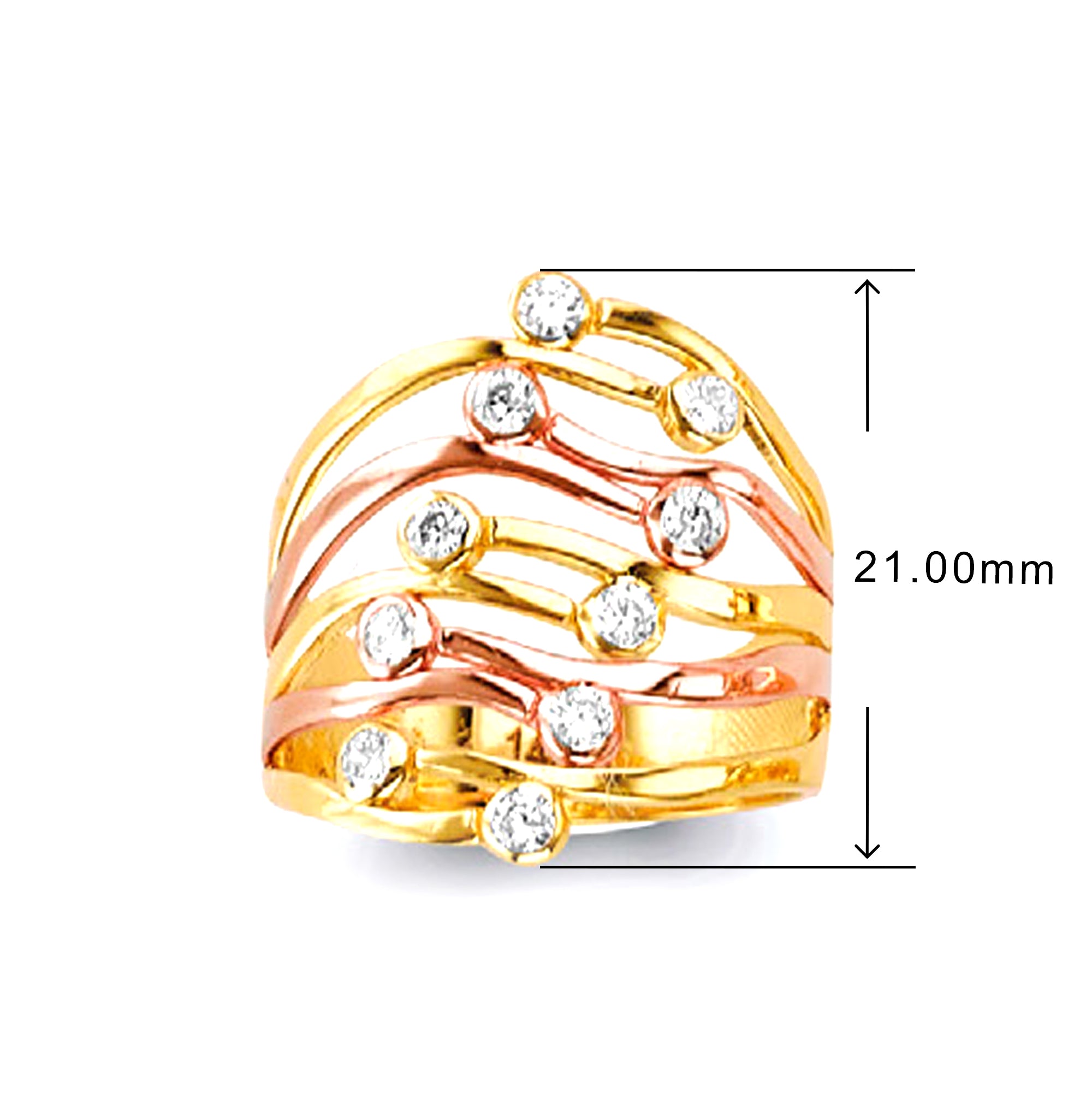 CZ Unique Cascading Wave Ring in Solid Gold with Measurement