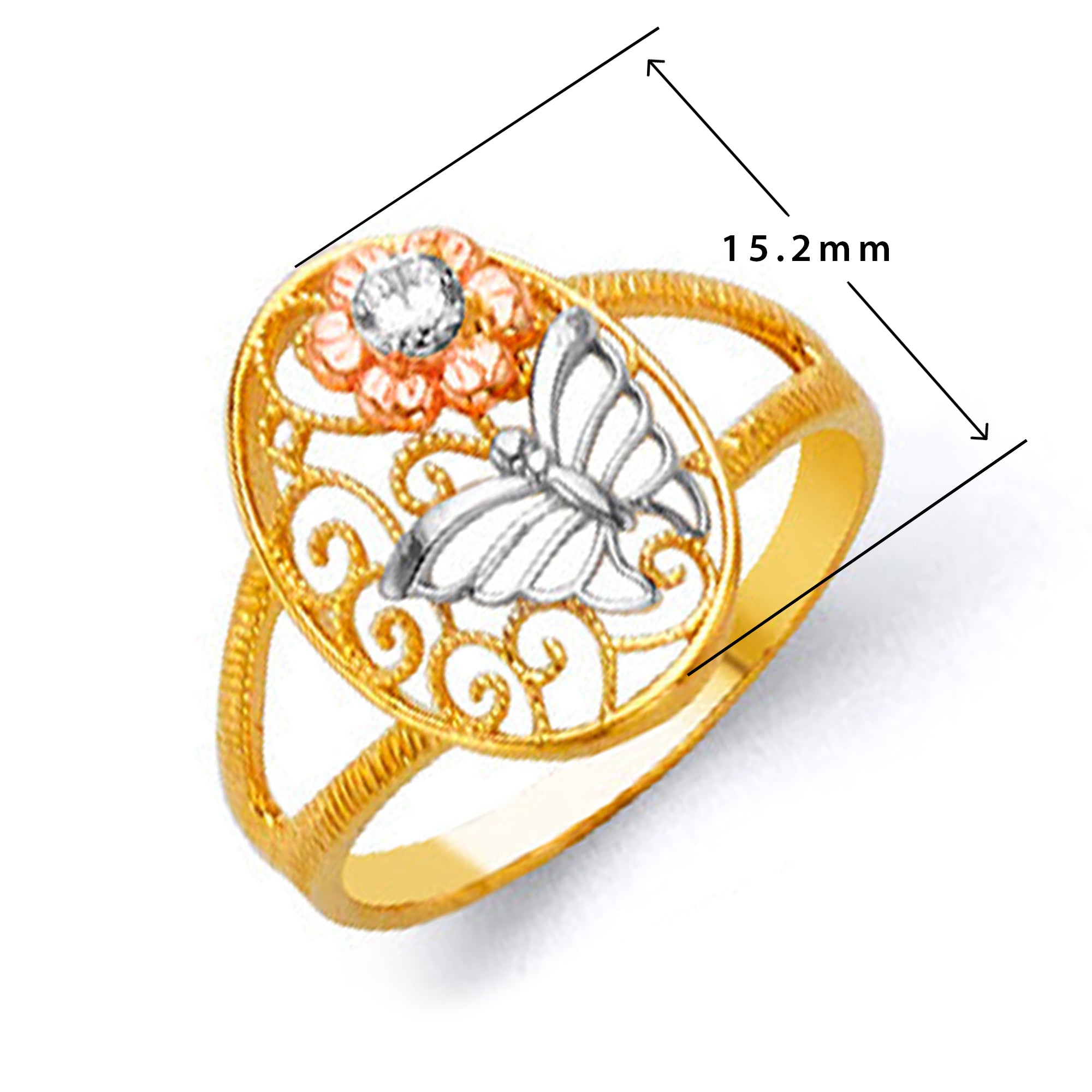 Reigning Tricolor Butterfly Ring in Solid Gold with Measurement