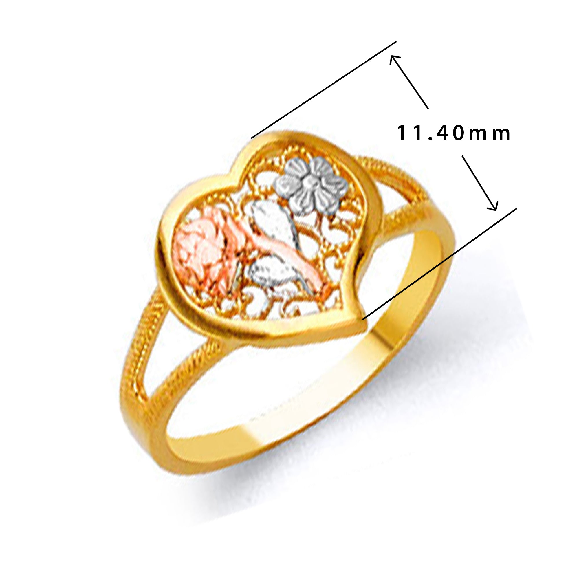 Floral Motif Heart Ring in Solid Gold with Measurement