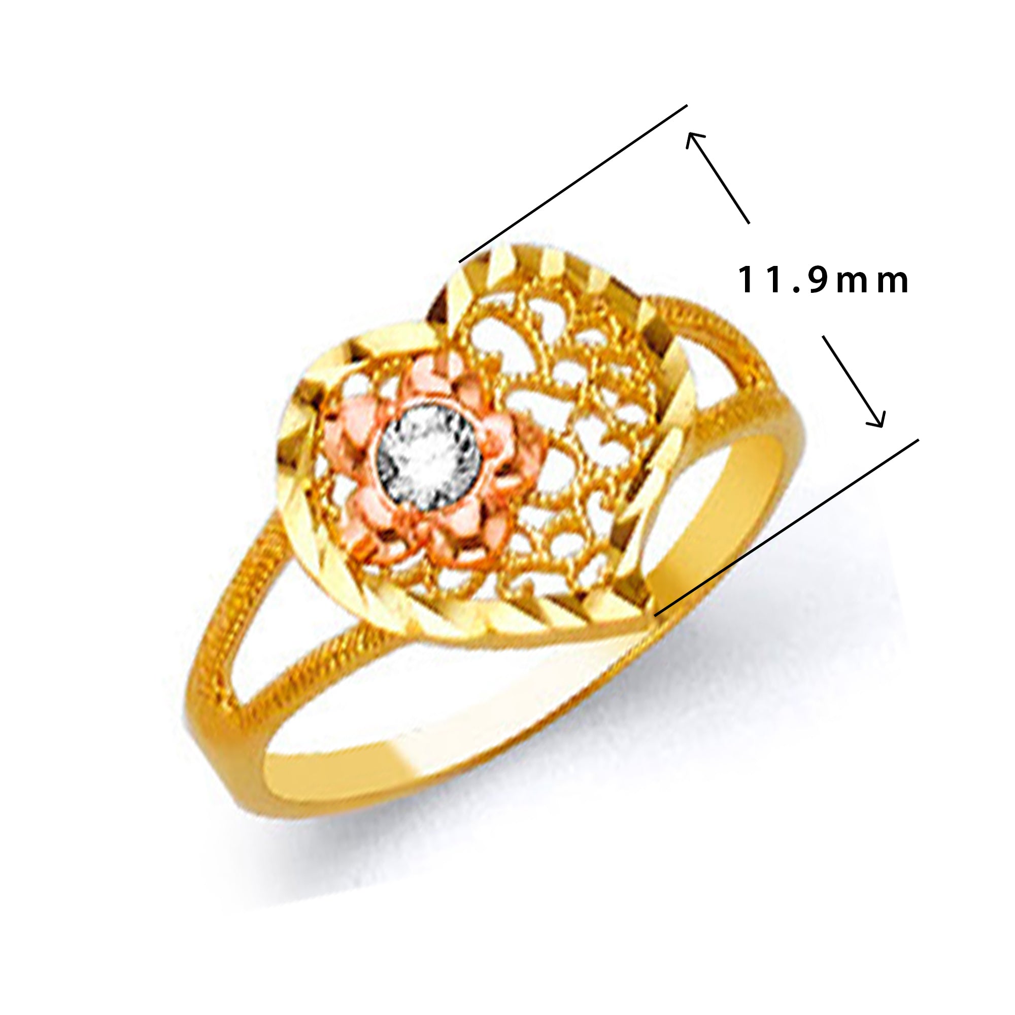 CZ Diva Heart Ring in Solid Gold with Measurement