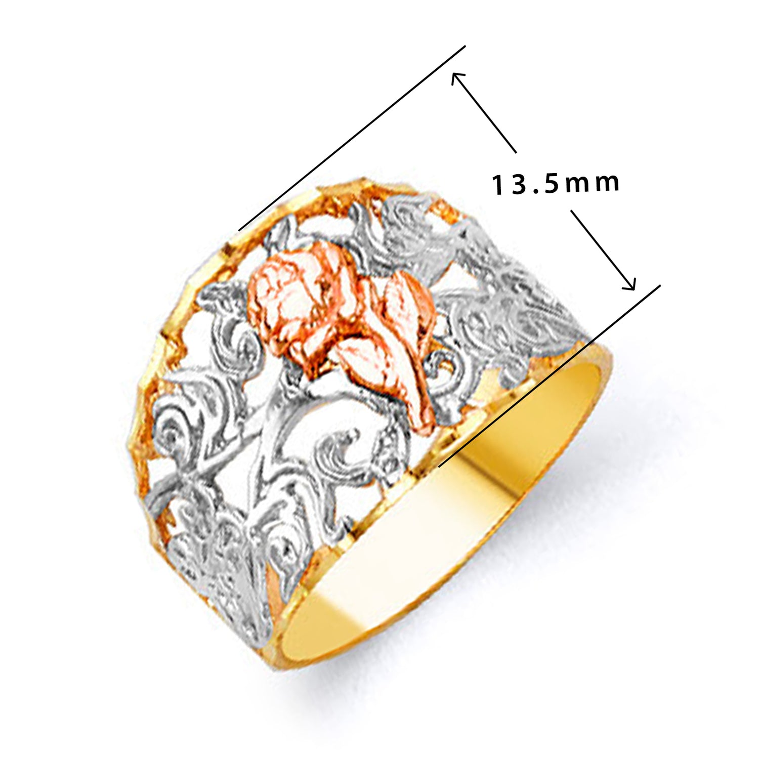 Three tone Rose Embroidered Ring in Solid Gold with Measurement