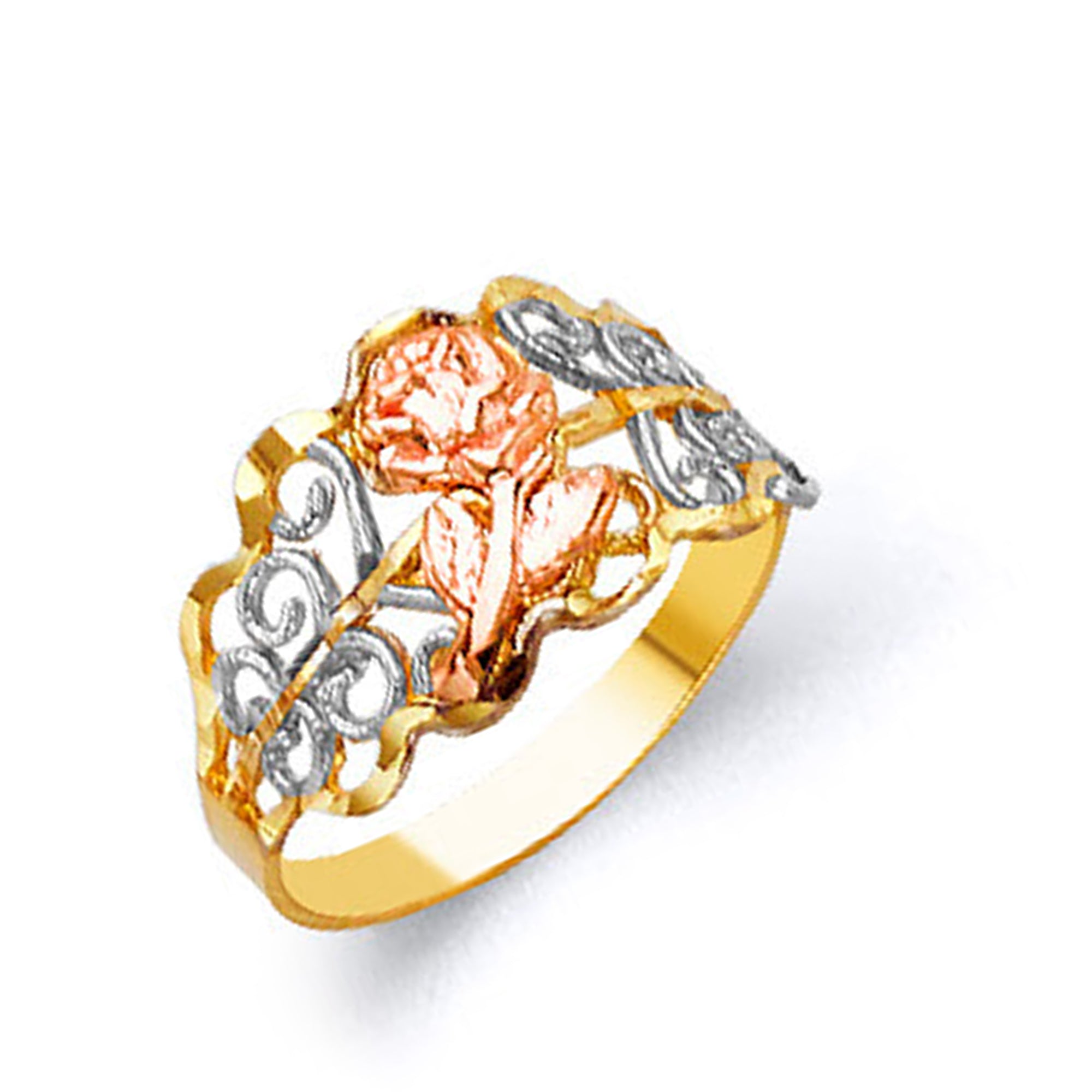 Tricolor Floral Patterned Ring in Solid Gold