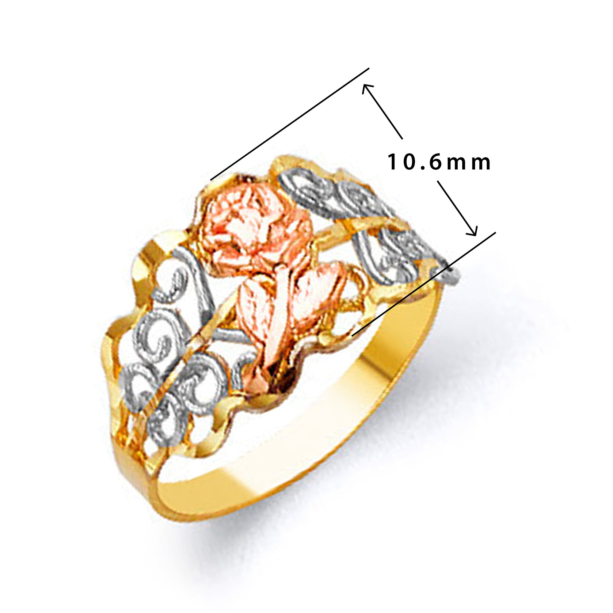 Tricolor Floral Patterned Ring in Solid Gold with Measurement