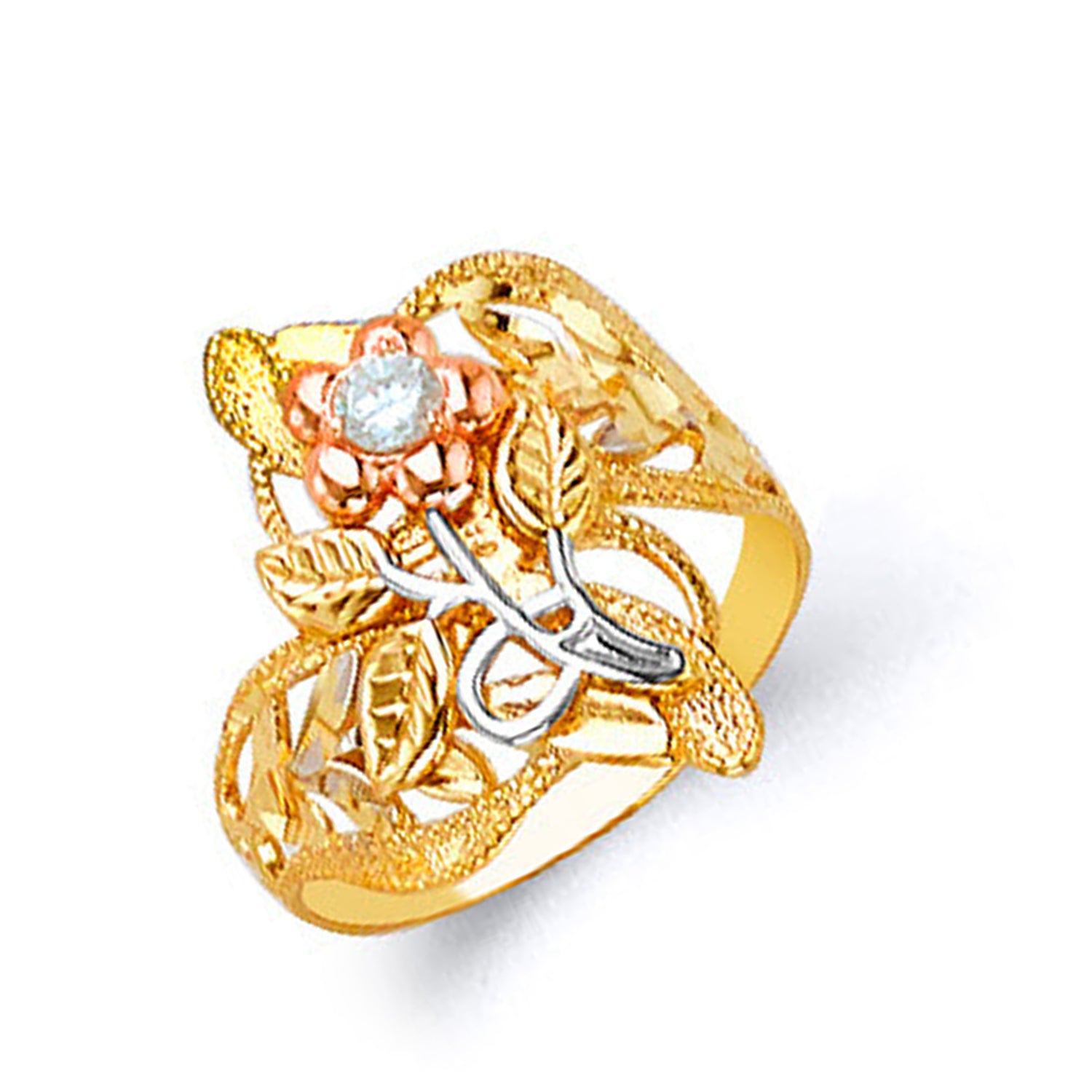 CZ Aesthetic Leaf Ring in Solid Gold 