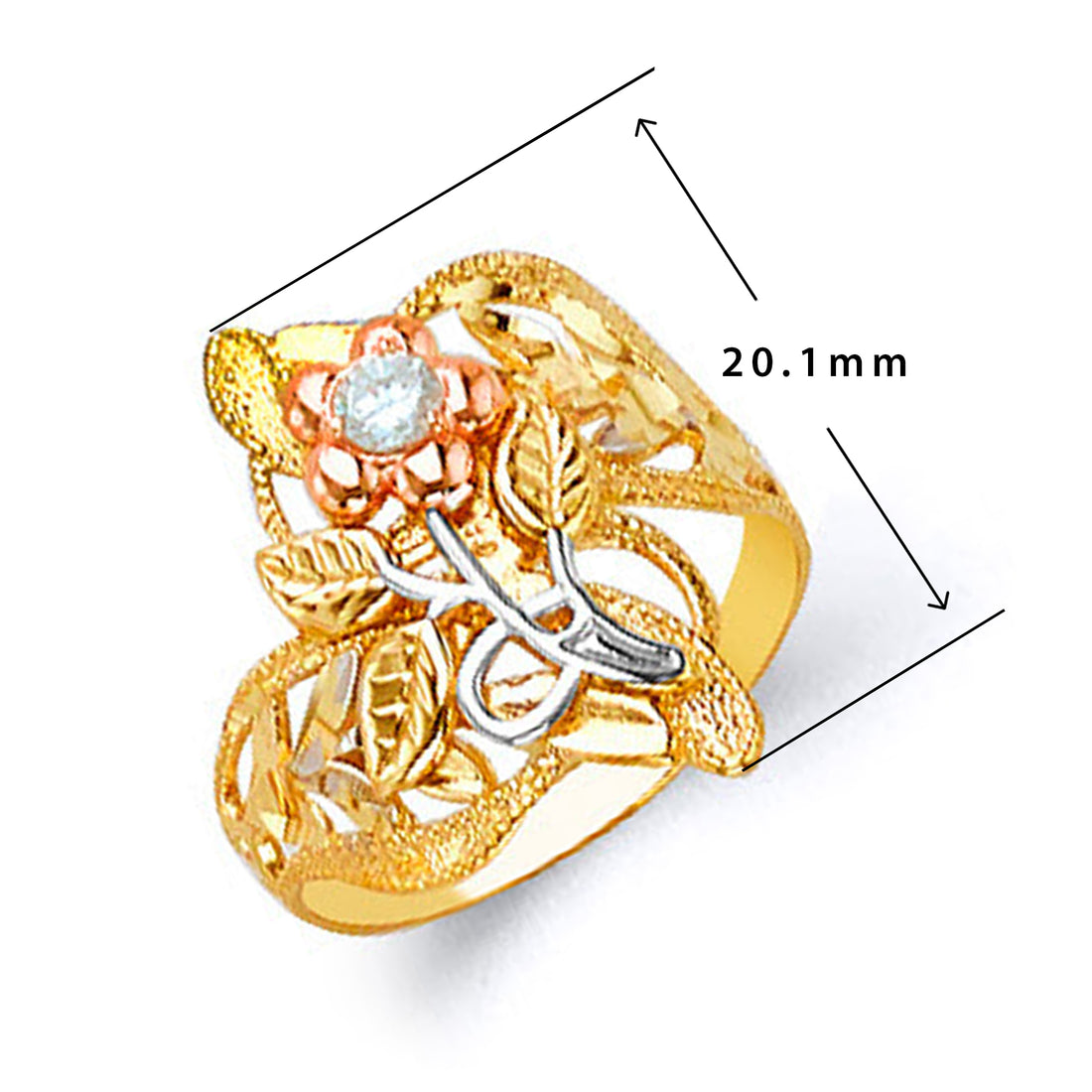 CZ Aesthetic Leaf Ring in Solid Gold with Measurement