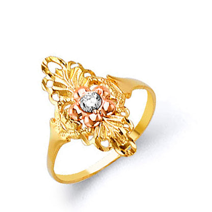 CZ Floral Vertical Ring in Solid Gold 