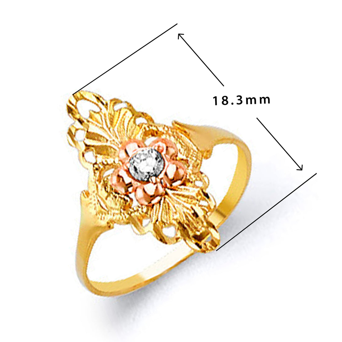 CZ Floral Vertical Ring in Solid Gold with Measurement