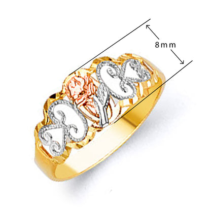 Tricolor Regal Rose-kissed Ring in Solid Gold with Measurement
