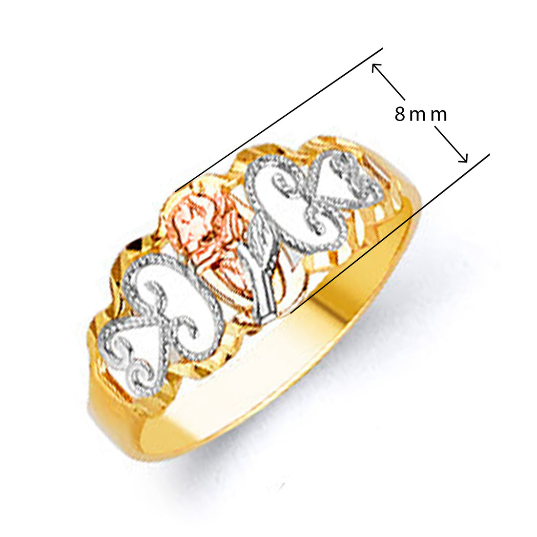 Tricolor Regal Rose-kissed Ring in Solid Gold with Measurement