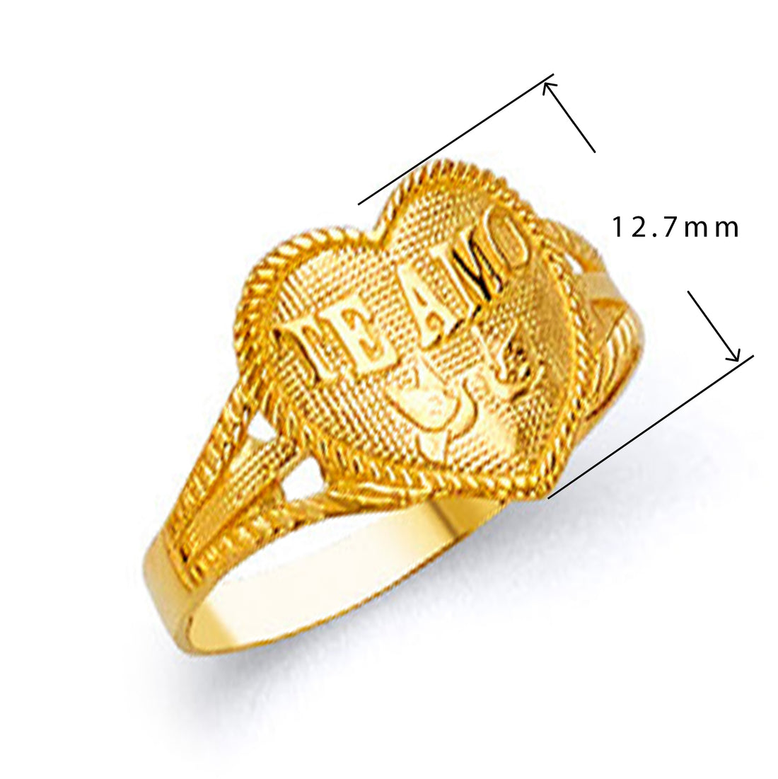 Te Amo Love Ring in Solid Gold with Measurement