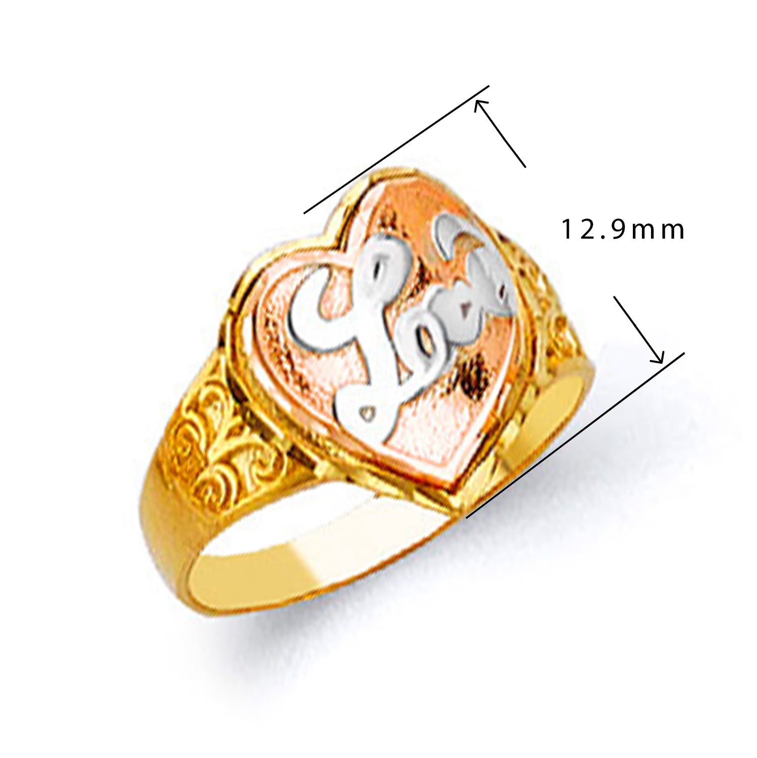 Three tone Love Motif Heart Ring in Solid Gold with Measurement