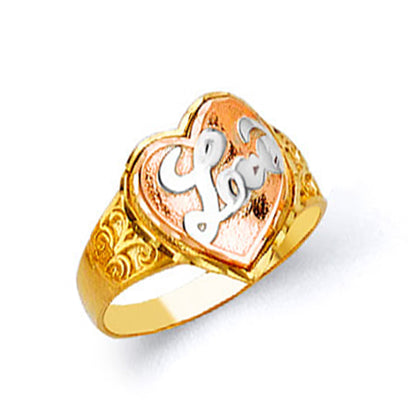 Three tone Love Motif Heart Ring in Solid Gold 